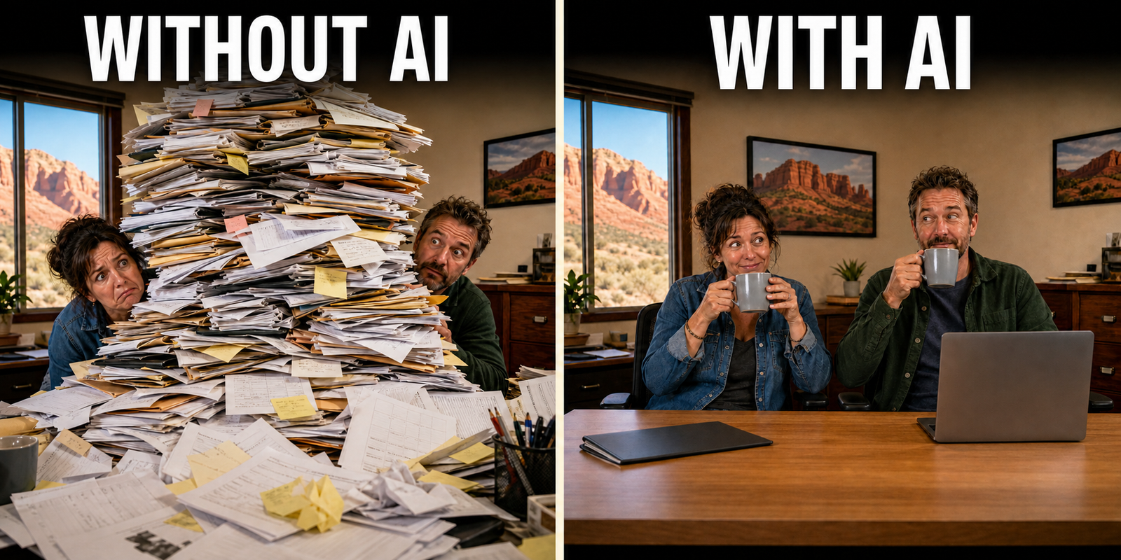 Before and after example showing two business owners buried in paperwork before AI and relaxed with a clear desk after using AI
